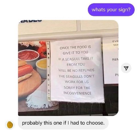 whats your sign? eve ONCE THE FOOD 15 GIVE IT TO YOU A SEAGULL REN FROM YOU WILL BE NO REFUNDS THE SEAGULLS DON'T WORK FOR SORRY FOR THE INCONVENIENCE 3 probably this one if had to choose.