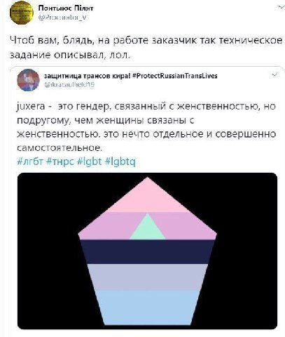 Понтыюс Шлят Чтоб вам, блядь, на работе заказчик так техническое задание описывал, лол. защитница трансов кира! #ProtectRussianTransLives 4 juxera это гендер, связанный с женственностью, но подругому,