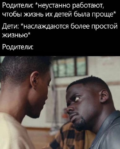Родители: *неустанно работают, чтобы жизнь детей была проще* Дети: *наслаждаются более простой жизнью* Родители: