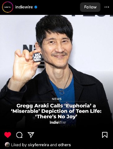 Follow indiewire NEWS Gregg Araki Calls ‘Euphoria’ a ‘Miserable’ Depiction of Teen Life: ‘There’s No Joy’ IndieWire Liked skyferreira and others