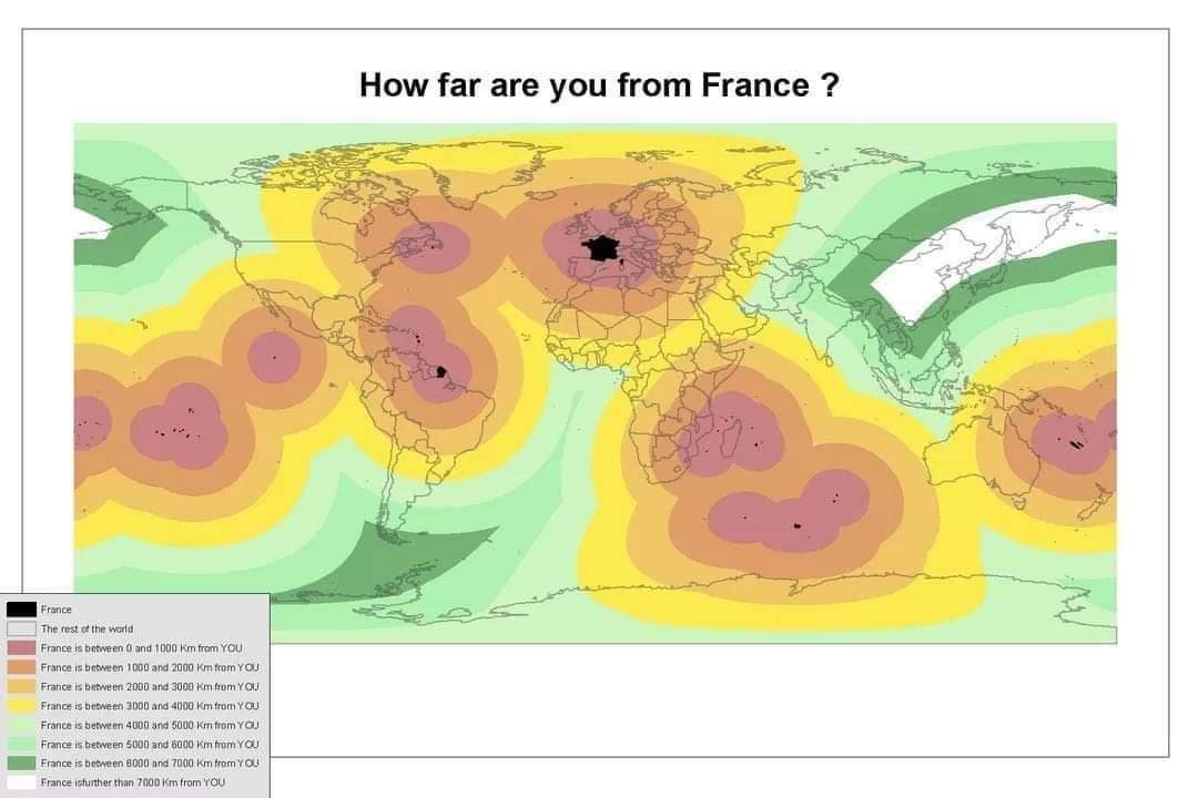 How far are you from France ome «а я i 2 у a i у The rest of thie warts France is 0 and 1000 from YOU) France is 1000 and 2000 is between 2000 and 3000 Kin France is between 3000 and 4000 YOu ‘France 