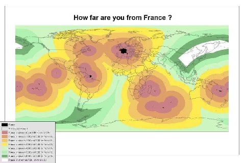 How far are you from France ome «а я i 2 у a i у The rest of thie warts France is 0 and 1000 from YOU) France is 1000 and 2000 is between 2000 and 3000 Kin France is between 3000 and 4000 YOu ‘France 