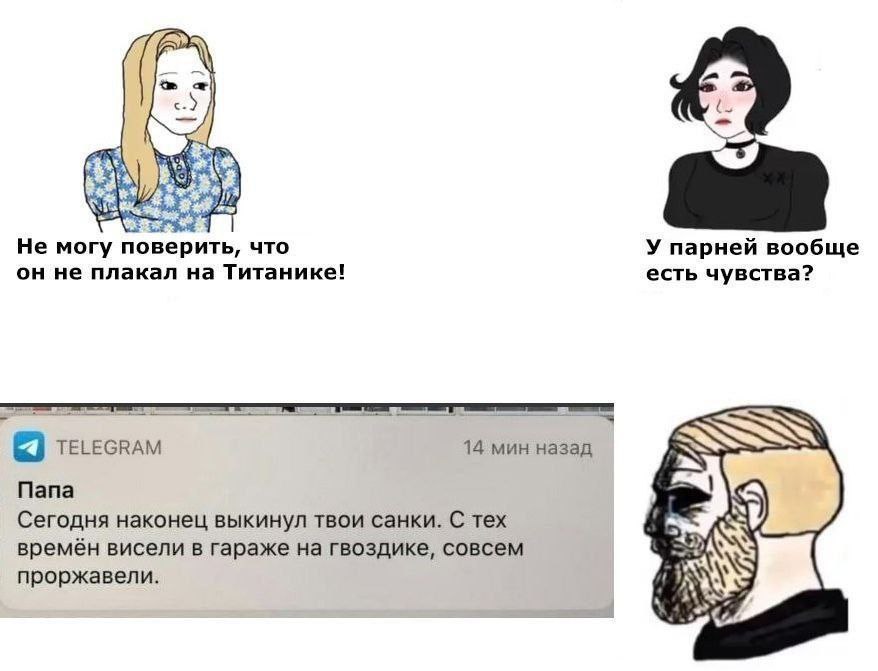 Не могу поверить, что У парней вообще он не плакал на Титанике! есть чувства? TELEGRAM 14 мин назад Nana Сегодня наконец выкинул твои санки. С тех времён висели в гараже на гвоздике, совсем 5 проржаве