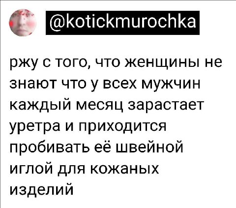 ржу с того, что женщины не знают что у всех мужчин каждый месяц зарастает уретра и приходится пробивать её швейной иглой для кожаных изделий