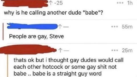 why is he calling another dude "babe"? People are gay, Steve thats but i thought gay dudes would call each other hotcock or some gay shit not babe babe is a straight guy word