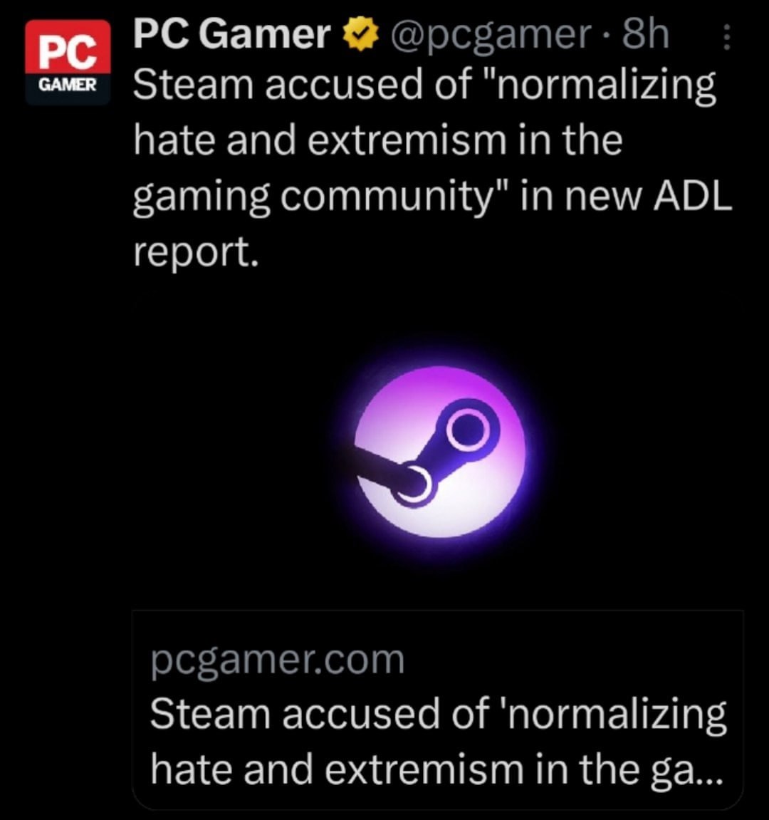 i Gamer @pcgamer Steam accused of "normalizing hate and extremism in the gaming community" in new ADL report. рсбатег.сот Steam accused of 'normalizing hate and extremism in the