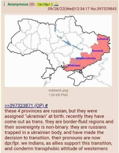 Anonymous №.397329843 4oblasts.png 130 PNG >>397323871 these 4 provinces are russian, but they were assigned “ukrainian” at birth. recently they have come out as trans. they are border-fluid regions a