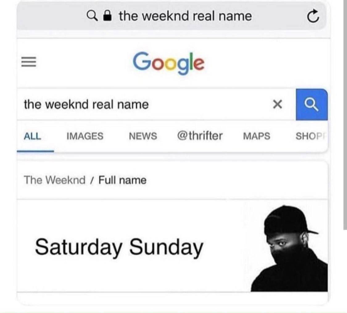 the weeknd real name Google the weeknd real name ALL IMAGES NEWS @thrifter MAPS SHO The Weeknd Full name Saturday Sunday