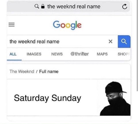 the weeknd real name Google the weeknd real name ALL IMAGES NEWS @thrifter MAPS SHO The Weeknd Full name Saturday Sunday