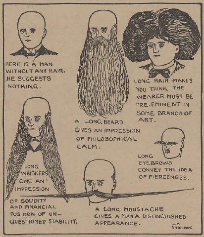 и HERE 15 A МАМ WITHOUT ANY HAIR San HE SUGGESTS LONG HAIR MAKES NOTHING You THINK THE WEARER MUST PRE-EMINENT IN SOME BRANCH OF ART А bes BEARD GIVES AN IMPRESSION OF PHILOSOPHICAL CALM LONG EYEBROWS