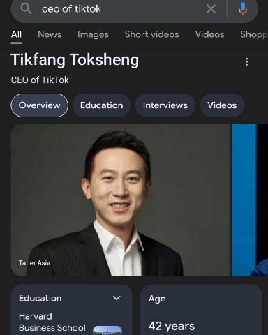 О сео of tiktok 0 All News Images Short videos Videos Shop; Toksheng CEO of TikTok Interviews Videos Tatler Asia Education Age Harvard Business School 42 years