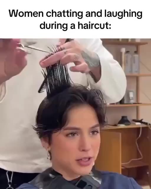 Women chatting and laughing during a haircut: