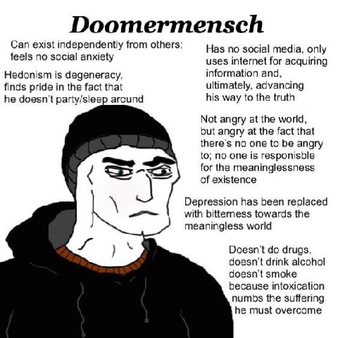 Doomermensch Can exist independently from others; Has no social media, only feels no social anxiety uses internet for acquiring information and, Hedonism is degeneracy, finds pride in the fact that ul