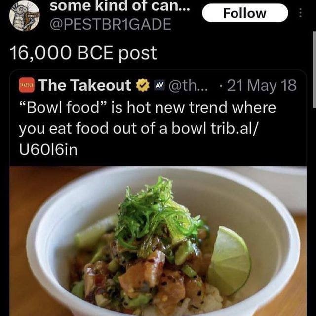 some от Can... @PESTBRIGADE 16,000 BCE post The Takeout 21 Мау 18 “Bowl food” is hot new trend where you eat food out of a bow! trib.al/ U6OI6in