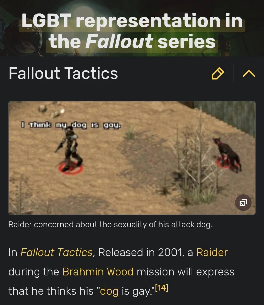sentation in lout series Fallout Tactics 63 Raider concerned about the sexuality of his attack dog. In Fallout Tactics, Released in 2001, a Raider during the Brahmin Wood mission will express that he 