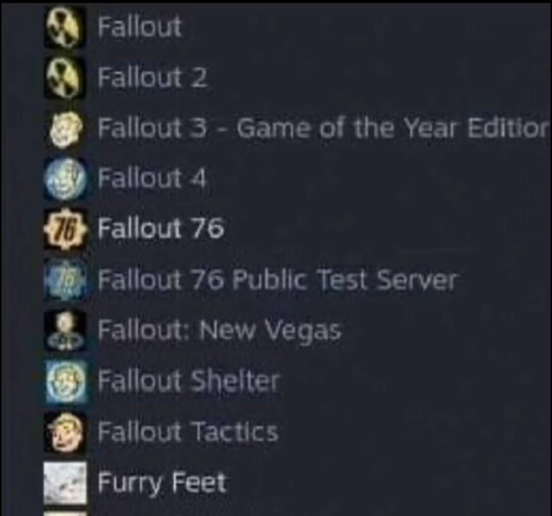 Fallout Fallout 2 Fallout 3 Game of the Year Editior of Fallout 4 $1} Fallout 76 Fallout 76 Public Test Server Fallout: New Vegas Fallout Shelter 3 Fallout Tactics Furry Feet