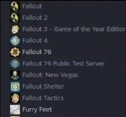 Fallout Fallout 2 Fallout 3 Game of the Year Editior of Fallout 4 $1} Fallout 76 Fallout 76 Public Test Server Fallout: New Vegas Fallout Shelter 3 Fallout Tactics Furry Feet