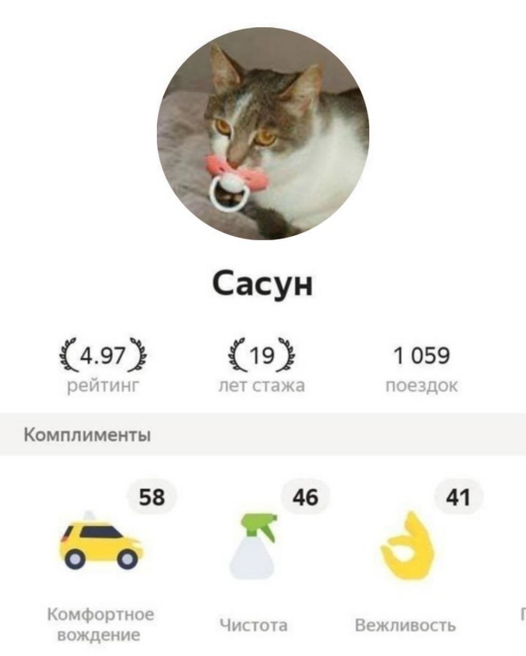 Сасун {4.97} {193 1 059 рейтинг лет стажа поездок Комплименты 58 46 41 i Комфортное Чистота Вежливость вождение