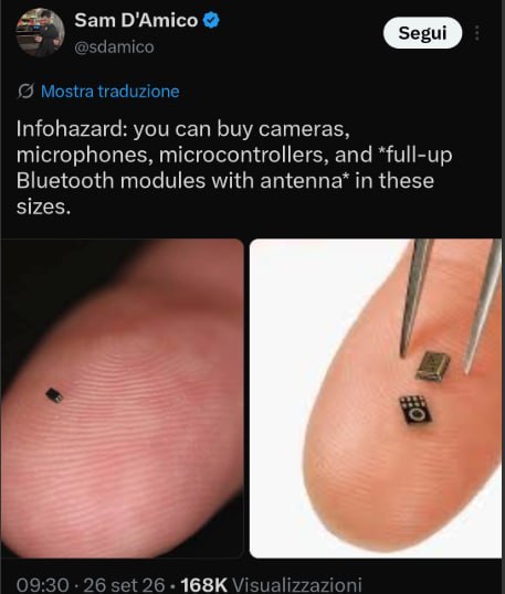 Sam D'Amico @sdamico Mostra traduzione Infohazard: you can buy cameras, microphones, microcontrollers, and *full-up Bluetooth modules with in these sizes. 09:30 26 set 26 Visualizzazioni