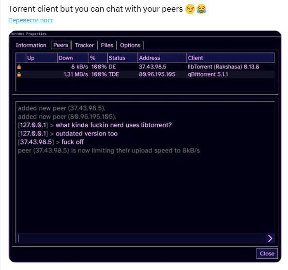 Torrent client but you can chat with your peers Перевести пост