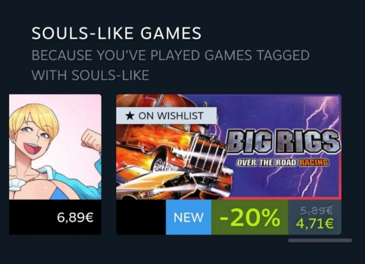 SOULS-LIKE GAMES BECAUSE YOU'VE PLAYED GAMES TAGGED WITH SOULS-LIKE ON WISHLIST BIGRIGS ROAD (OVER -20% 4,71€