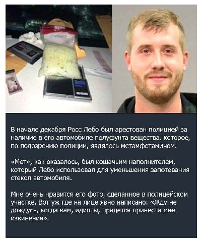 у у В начале декабря Росс Лебо был арестован полицией за наличие в его автомобиле полуфунта вещества, которое, по подозрению полиции, являлось метамфетамином. «Мет», как оказалось, был кошачьим наполн