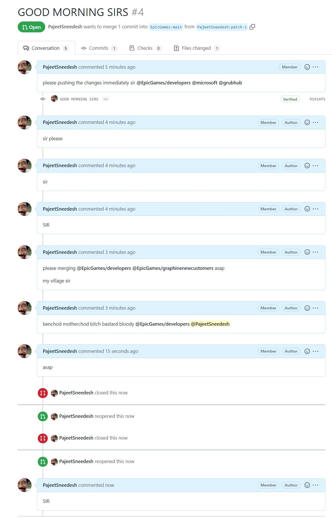 GOOD MORNING SIRS #4 PajeetSneedesh wants to merge 1 commit into from 5 Commits 1 0 1 Conversation Files changed Member о. PajeetSneedesh commented 5 minutes ago please pushing the changes immediately