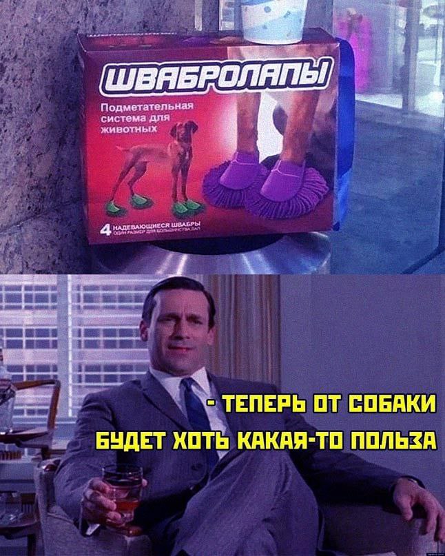 Я БРОЛЯПЫ Подметательная система животных НАДЕВАЮЩИЕСЯ ШВАБРЫ 52 88 1 3 1 5 ТЕПЕРЬ ОТ СОБАКИ ХОТЬ КАКАЯ-ТО ПОЛЬЗА