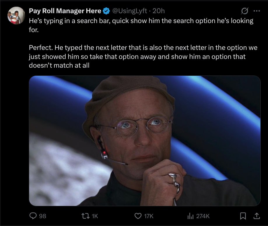 я Рау Roll Manager Here @UsingLyft He’s typing in a search bar, quick show him the search option he’s looking for. Perfect. He typed the next letter that is also the next letter in the option we just 
