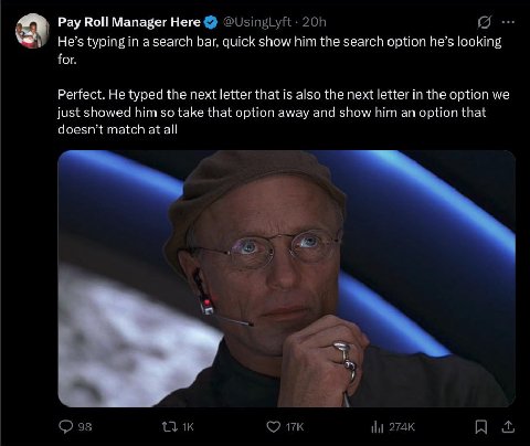 я Рау Roll Manager Here @UsingLyft He’s typing in a search bar, quick show him the search option he’s looking for. Perfect. He typed the next letter that is also the next letter in the option we just 
