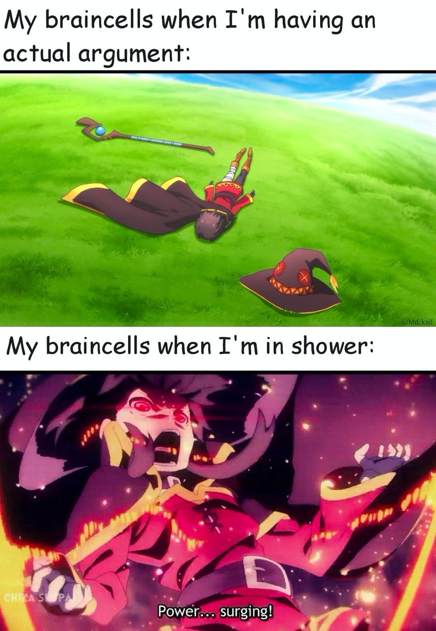 My braincells when having an actual argument: My braincells when in shower: 2 a Power... surging!