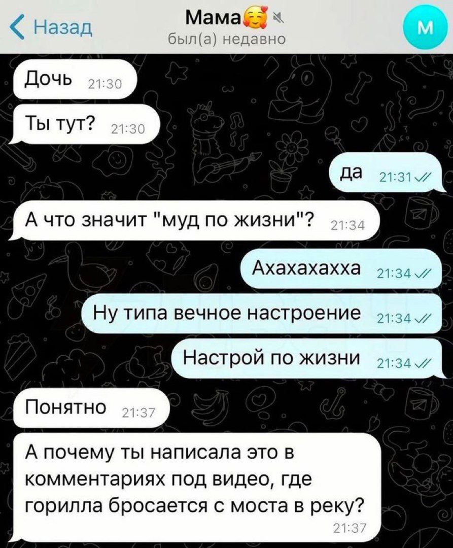 Назад был(а) недавно Ты тут? А что значит "муд по жизни"? Ахахахахха 21:34 7 Ну типа вечное настроение 21:34 Настрой по жизни 21:34 A А почему ты написала это в комментариях под видео, где горилла бро