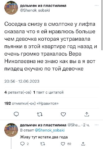 дольмен из пластилина Соседка снизу в смолтоке у лифта сказала что я нравлюсь больше чем девочка которая устраивала пьянки в этой квартире год назад и очень громко трахалась Вера Николаевна не знаю ка