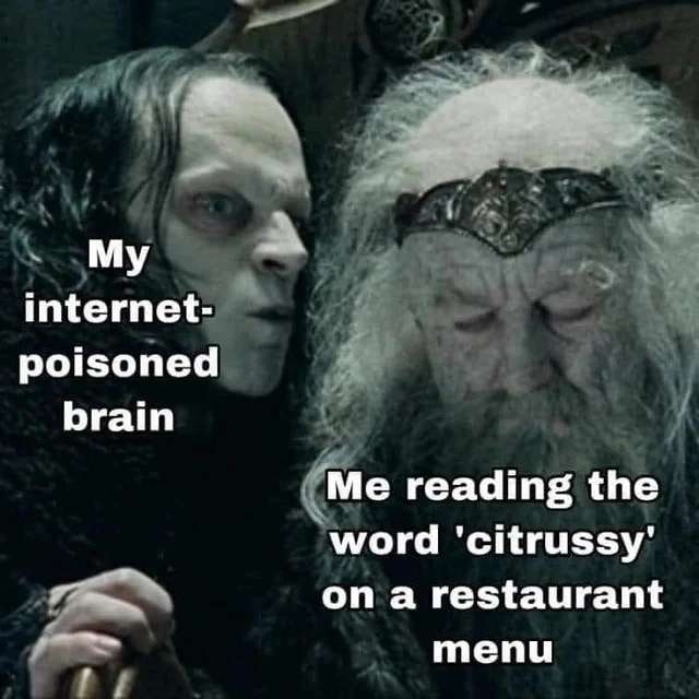 My internet- poisoned brain Me reading the word 'citrussy' а menu