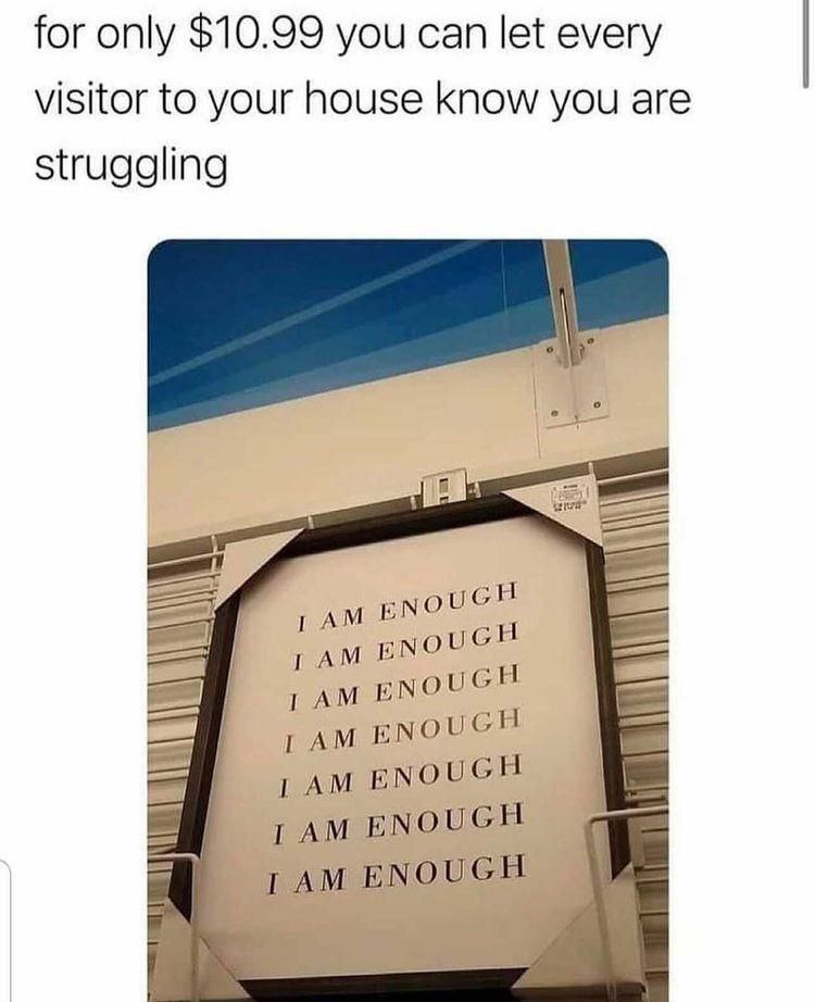 for only $10.99 you can let every visitor to your house know you are struggling ENOUGH ТАМ ЕМООСН