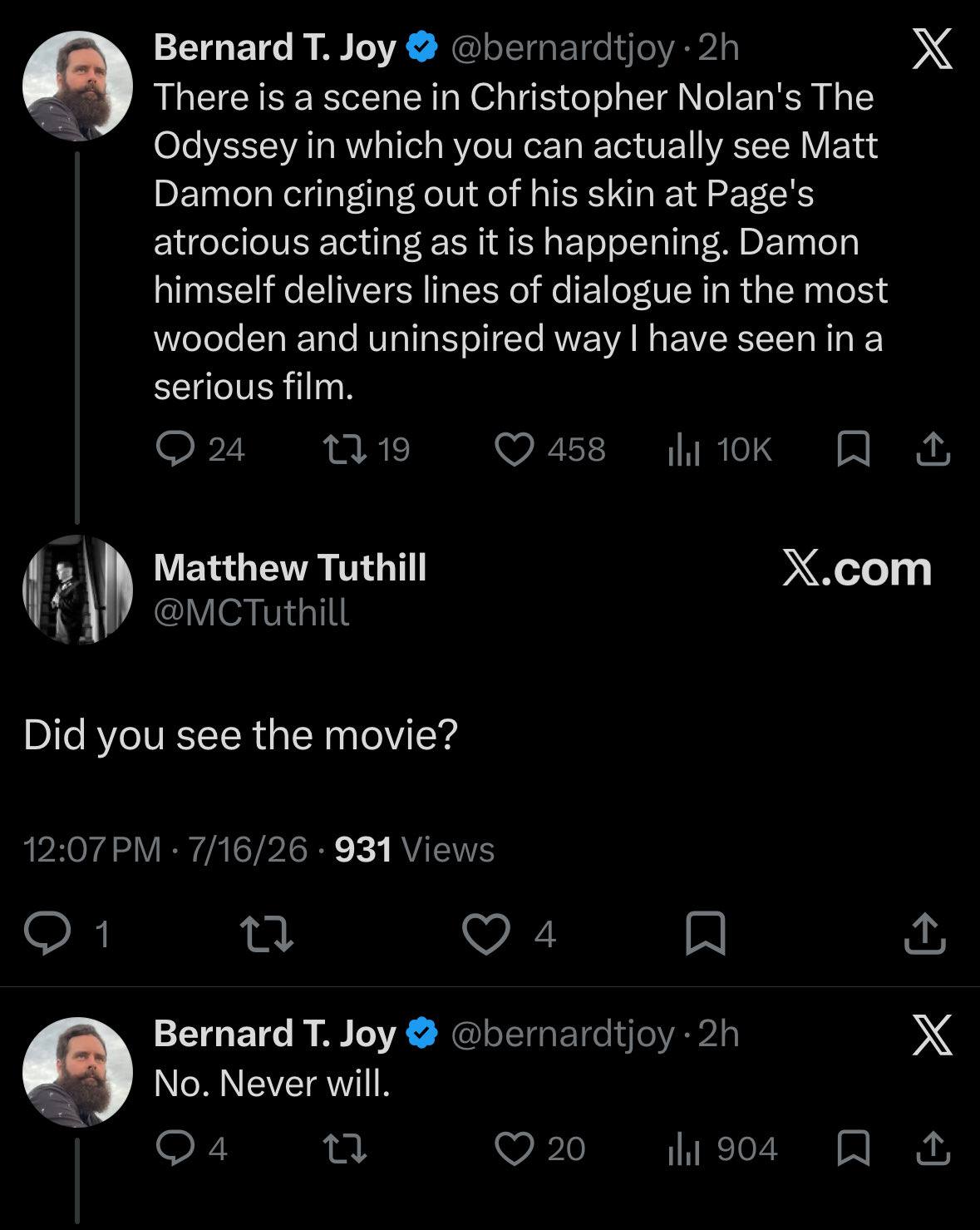 Bernard Joy @бетаг thereisa scene in Christopher Nolan's The in which you can actually see Matt Damon cringing out of his skin at Page's atrocious acting as it is happening. Damon himself delivers lin