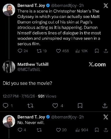 Bernard Joy @бетаг thereisa scene in Christopher Nolan's The in which you can actually see Matt Damon cringing out of his skin at Page's atrocious acting as it is happening. Damon himself delivers lin