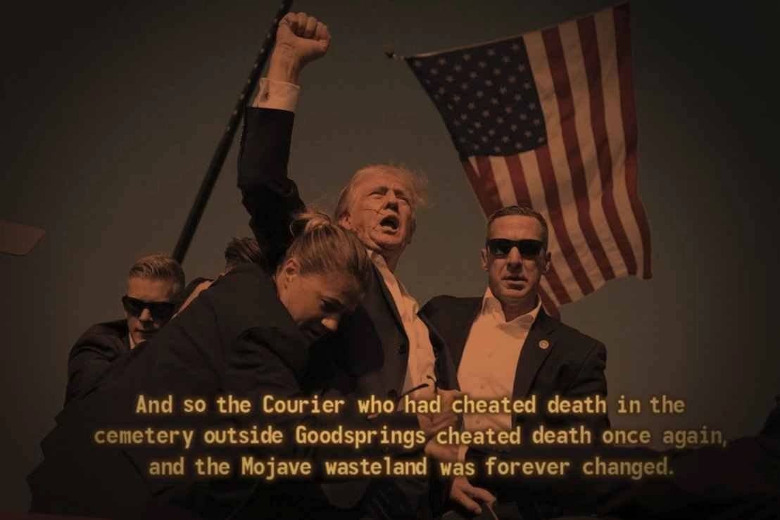 A And so the Courier who death in the cemetery outside Goodspring death once again and the Mojave wasteland was forever changed.