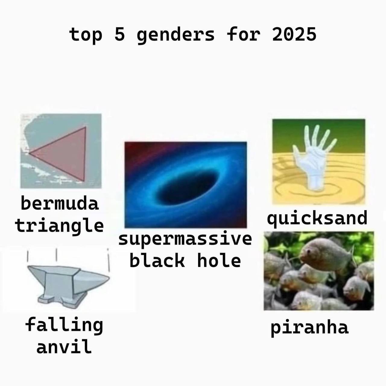 top 5 genders for 2025 triangle supermassive black hole falling piranha anvil