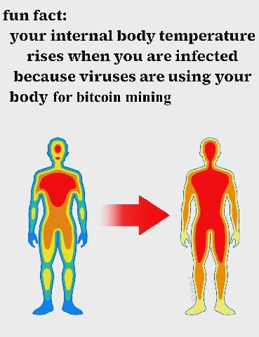 fun fact: your internal body temperature rises when you are infected because viruses are using your body for bitcoin mining