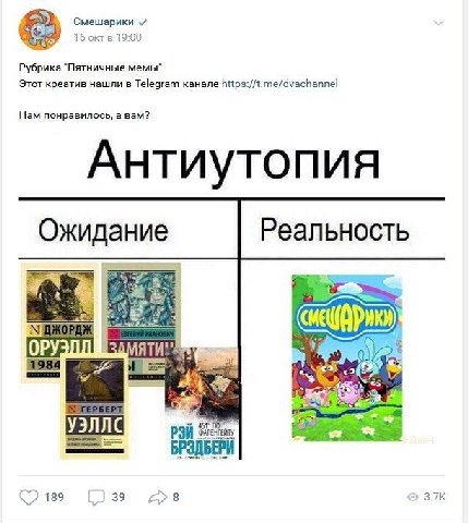 16 октв 19:00 Рубрика "Пятничные мемы" Этот креатив нашли в Telegram-KaHane hitps://t.me/dvachannel Нам понравилось, а вам? Антиутопия Реальность Ожидание ДЖОРДЖ POH БРЭДБЕРИ 189 39 3.7К