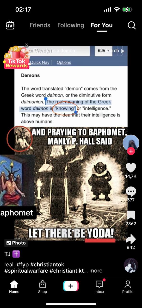 02:17 [42 LIVE Friends Following For You KJV (иск IN Rew: Demons The word translated "demon" comes from the Greek word daimon, or the diminutive form daimonion, |The of the Greek word daimon "intellig
