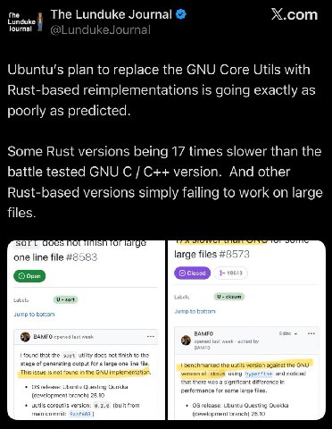 Lunduke fhe i X.com Journal The Journal Ubuntu’s plan to replace the GNU Core Utils with Rust-based reimplementations is going exactly as poorly as predicted. Some Rust versions being 17 times slower 