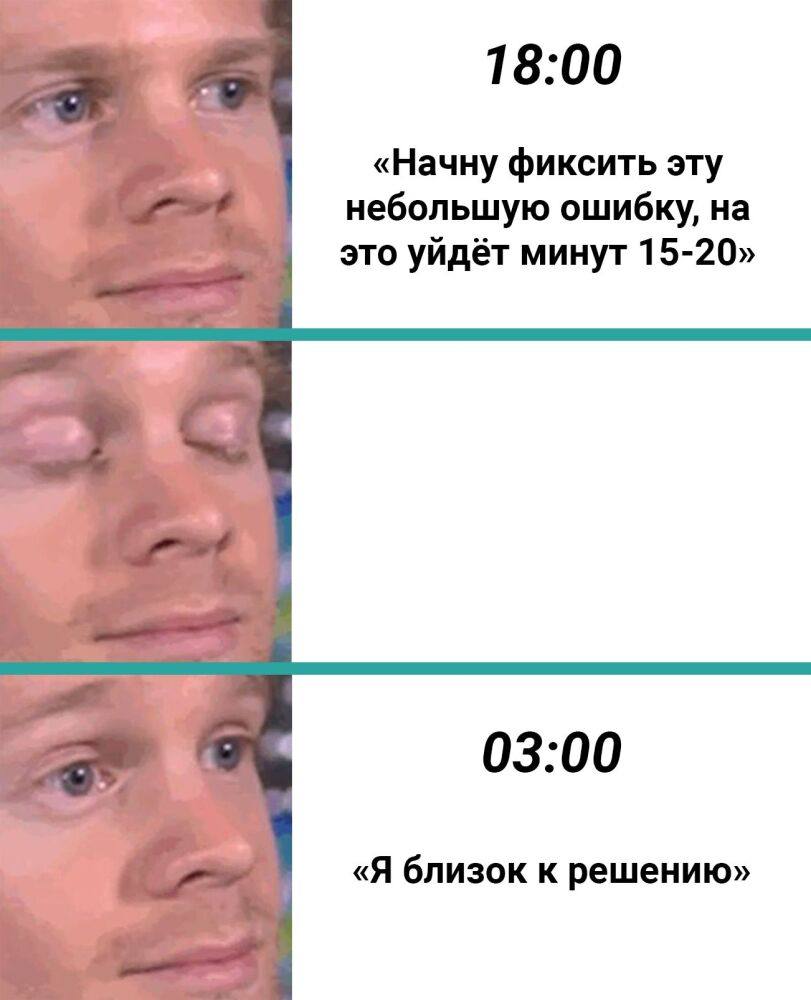18:00 «Начну фиксить эту небольшую ошибку, на это уйдёт минут 15-20» 03:00 «Я близок к решению»