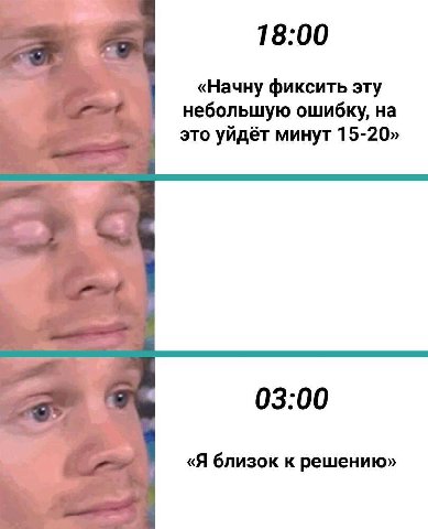 18:00 «Начну фиксить эту небольшую ошибку, на это уйдёт минут 15-20» 03:00 «Я близок к решению»