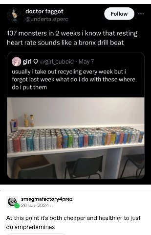 137 monsters and side dish of Redbull