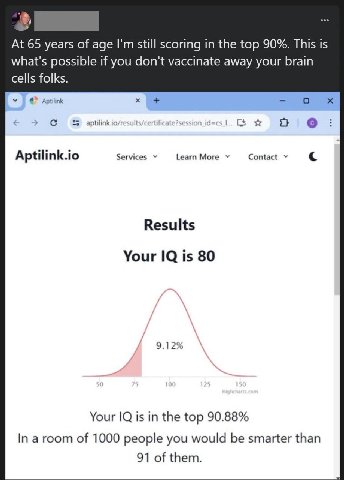 At 65 years of age still scoring the top 90%. This is what's possible if you don't vaccinate away your brain cells folks. у Aptilink С aptilinkio/result tificate?se i о Aptilink.io Services Learn More