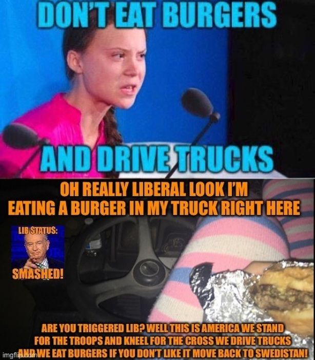 LEAT BURGERS “AND UCKS REALLY EATING A BURGER IN MY TRUCK RIGHT, ARE YOU TRIGGERED LIB? WELL THIS IS AMERICA WE EAT BURGERS IF YOU DONT 1 LIKE! iT ВАС! BACK SWEDISTANI FOR THE TROOPS AND KNEEL FOR THE