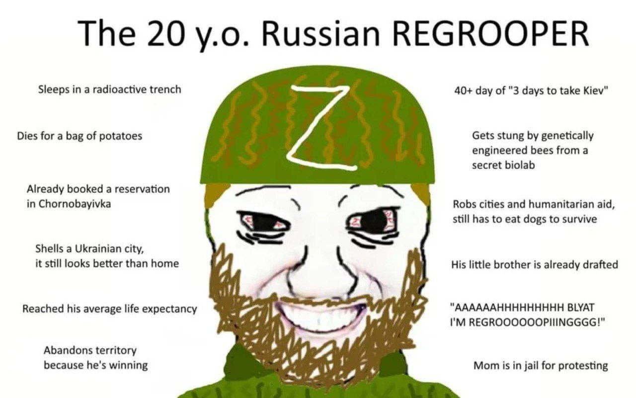 The 20 Russian REGROOPER Sleeps in a radioactive trench 40+ day of "3 days to take Kiev" Dies for a bag of potatoes Gets stung genetically engineered bees froma secret biolab Already booked a reservat