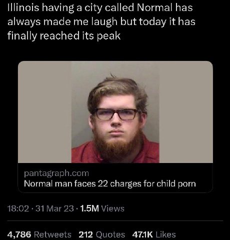 Illinois having а city called Normal has always made me laugh but today И has finally reached its peak Normal man faces 22 charges for child porn 4,786 212 АТАК